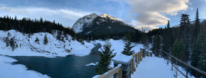 Falling snow, poutine, Bow Falls & Fairmont Banff Springs